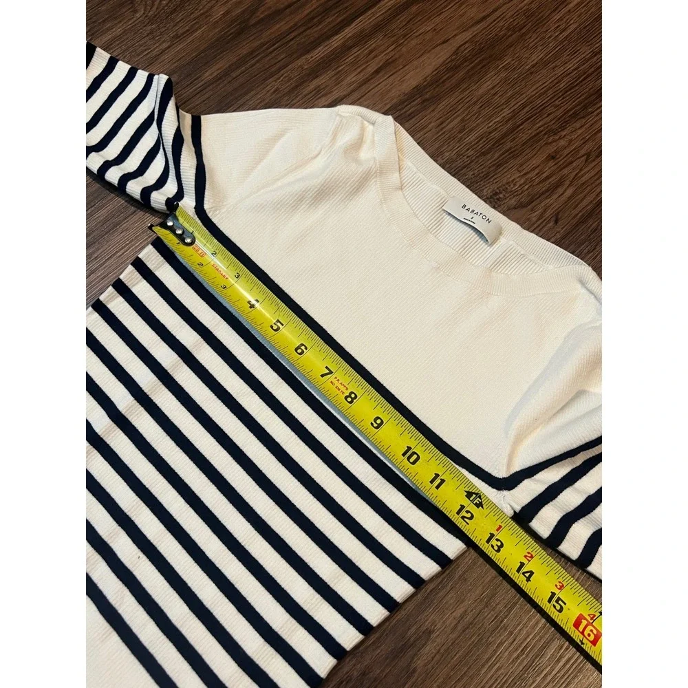 Babaton White Navy Striped Ribbed Knit Long Sleeve Boat Neck Top Small